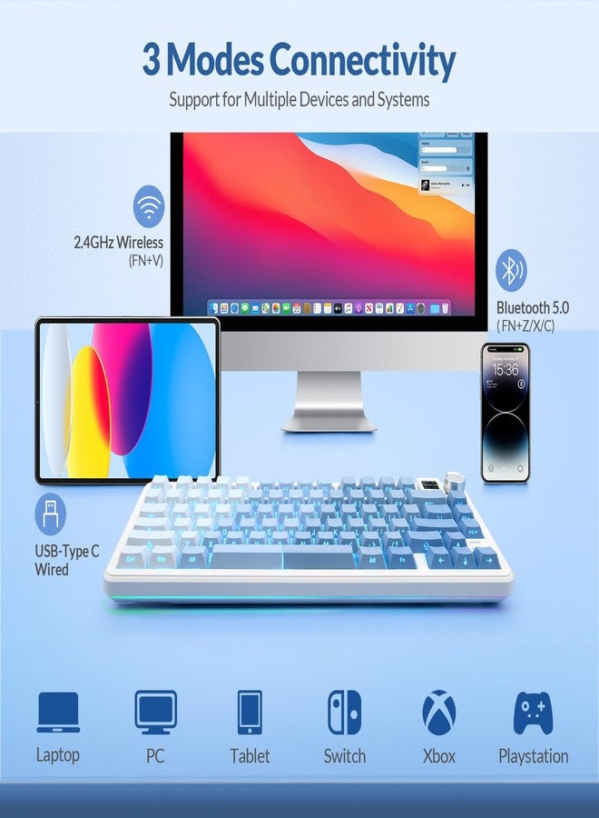 Rii RK805 Wireless Creamy Mechanical Keyboard with TFT Screen and Knob,75% Gasket-Mounted Gaming Keyboard with RGB Backlight,Tri-Mode BT/2.4G/USB-C,Hot Swappable,for Windows/Mac/Linux(Blue Gradient) - Image 4