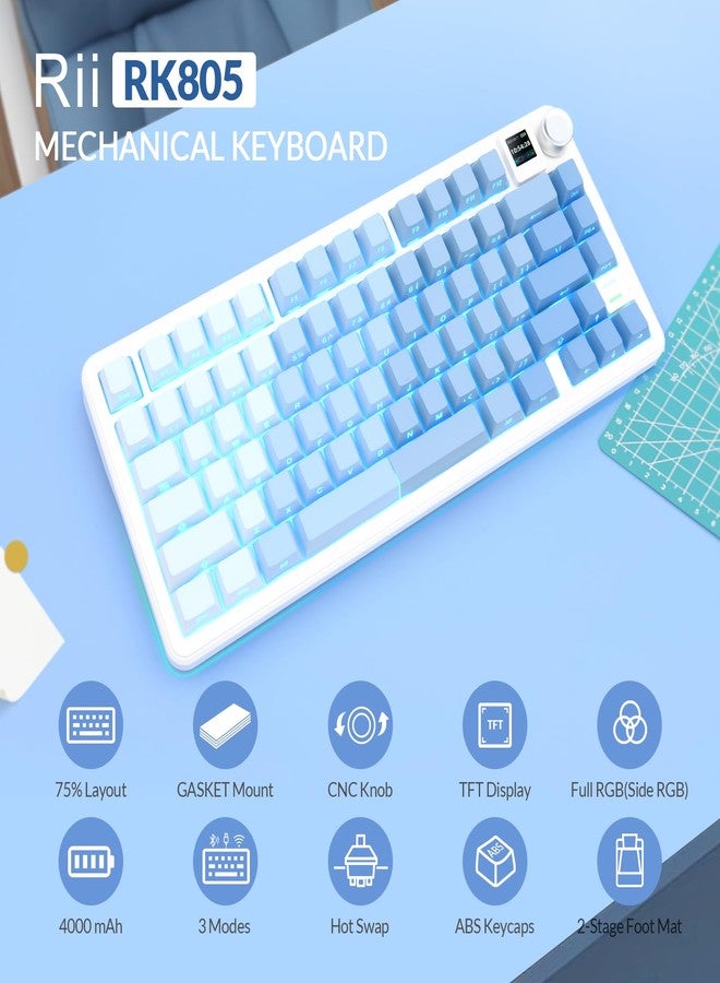Rii RK805 Wireless Creamy Mechanical Keyboard with TFT Screen and Knob,75% Gasket-Mounted Gaming Keyboard with RGB Backlight,Tri-Mode BT/2.4G/USB-C,Hot Swappable,for Windows/Mac/Linux(Blue Gradient) - Image 3