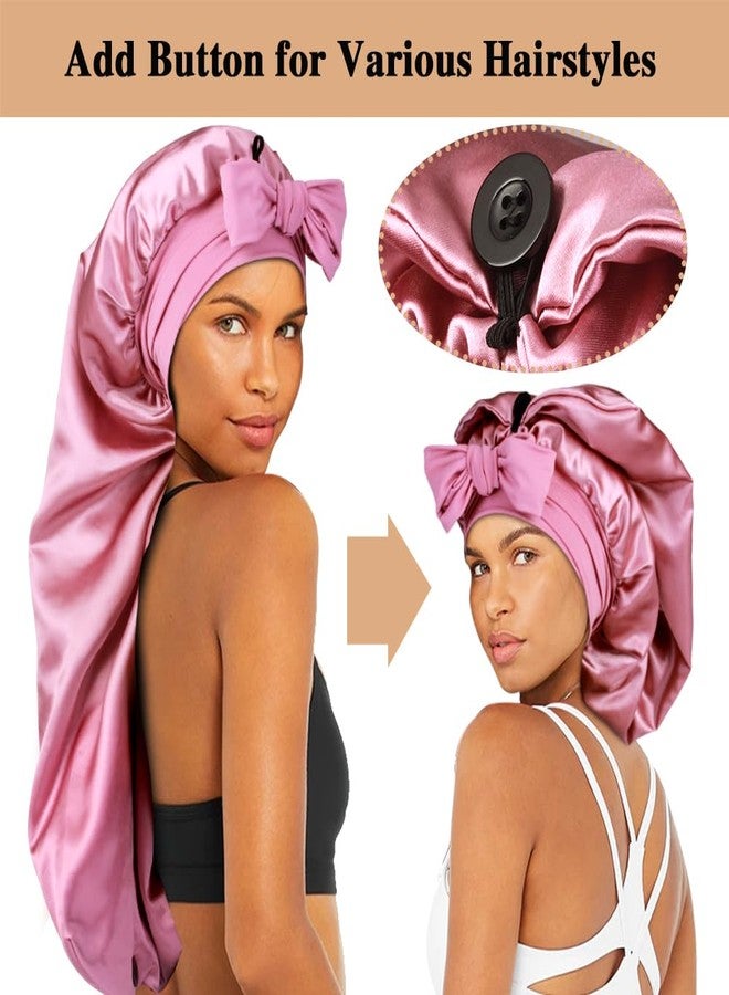 Heniho 1+3 Long Satin Bonnets with Scrunchies for Women Sleeping, Double Layer Large Braid Bonnet with Tie Band, A - Image 3