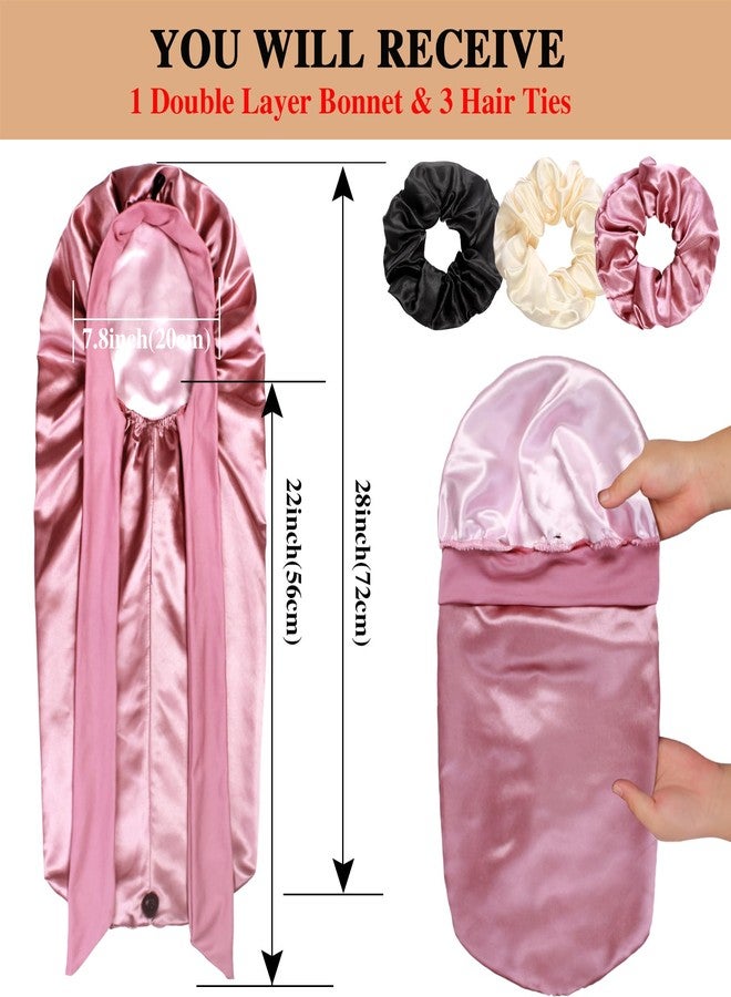 Heniho 1+3 Long Satin Bonnets with Scrunchies for Women Sleeping, Double Layer Large Braid Bonnet with Tie Band, A - Image 2