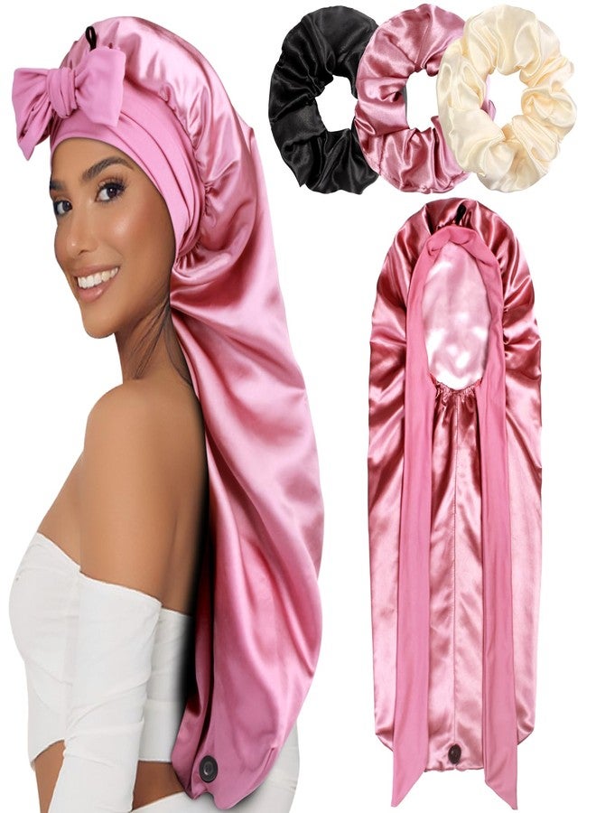 Heniho 1+3 Long Satin Bonnets with Scrunchies for Women Sleeping, Double Layer Large Braid Bonnet with Tie Band, A - Image 1