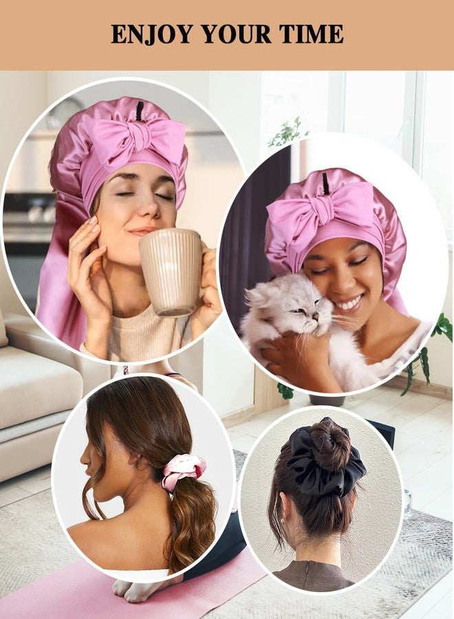 Heniho 1+3 Long Satin Bonnets with Scrunchies for Women Sleeping, Double Layer Large Braid Bonnet with Tie Band, A - Image 5
