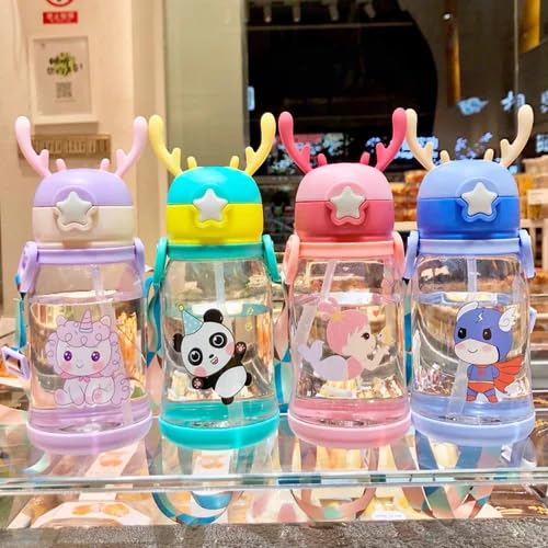 YBN Pink Cartoon Design Water Bottle with Straw & Strap BPA Free Non-Toxic, Anti-Leak Water Bottle for Kids, School, Home (700ML)| Plastic - Image 3