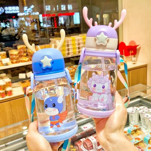 YBN Pink Cartoon Design Water Bottle with Straw & Strap BPA Free Non-Toxic, Anti-Leak Water Bottle for Kids, School, Home (700ML)| Plastic - Image 2