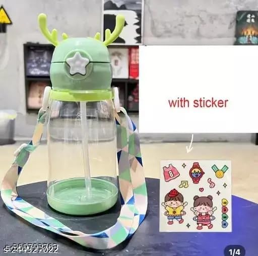 YBN Pink Cartoon Design Water Bottle with Straw & Strap BPA Free Non-Toxic, Anti-Leak Water Bottle for Kids, School, Home (700ML)| Plastic - Image 4