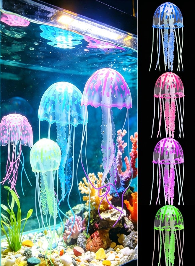 Aeenioy Glowing Jellyfish Fish Tank Decor, 4PCS Realistic Floating Aquarium Ornaments, Glow in Light Silicone Decorations for Freshwater & Saltwater Tank(Pink Green Blue Purple, 5x15cm) - Image 1