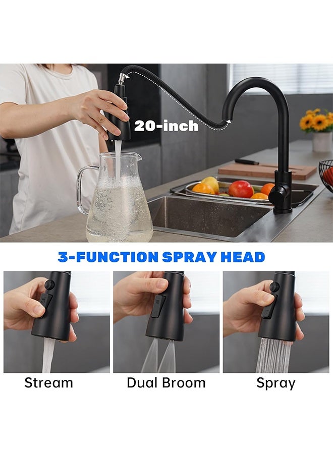 TodyJeyHo Black Kitchen Faucet, Kitchen Sink Mixer Tap with Pull Down Sprayer Matte Black, 1 Hole Stainless Steel Kitchen Mixer 3 Modes - Image 3