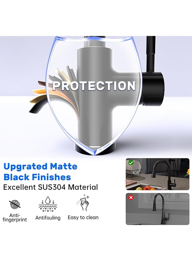 TodyJeyHo Black Kitchen Faucet, Kitchen Sink Mixer Tap with Pull Down Sprayer Matte Black, 1 Hole Stainless Steel Kitchen Mixer 3 Modes - Image 4