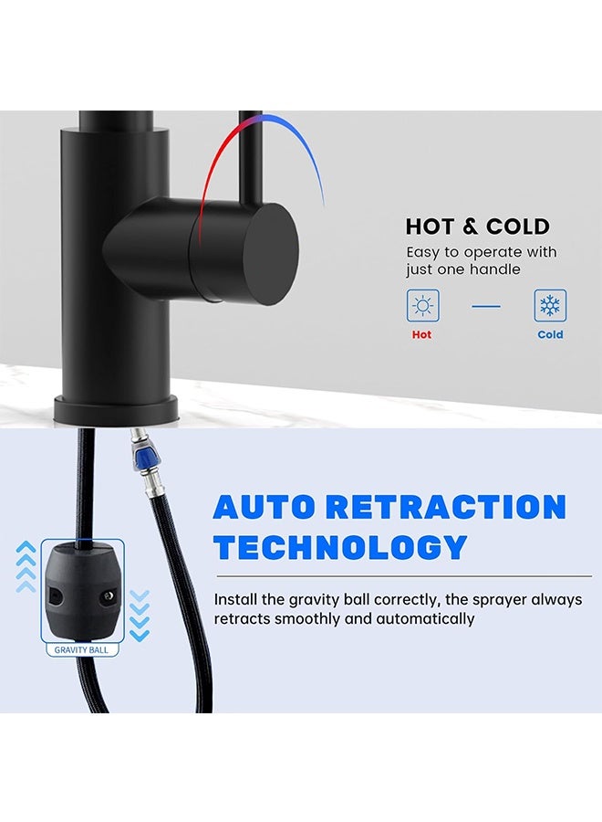 TodyJeyHo Black Kitchen Faucet, Kitchen Sink Mixer Tap with Pull Down Sprayer Matte Black, 1 Hole Stainless Steel Kitchen Mixer 3 Modes - Image 5