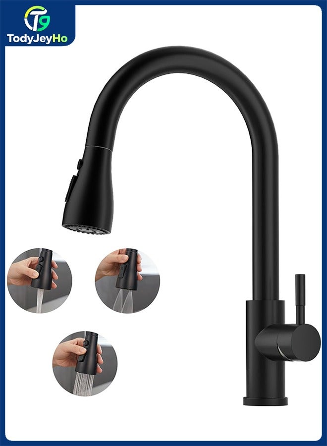 TodyJeyHo Black Kitchen Faucet, Kitchen Sink Mixer Tap with Pull Down Sprayer Matte Black, 1 Hole Stainless Steel Kitchen Mixer 3 Modes - Image 1