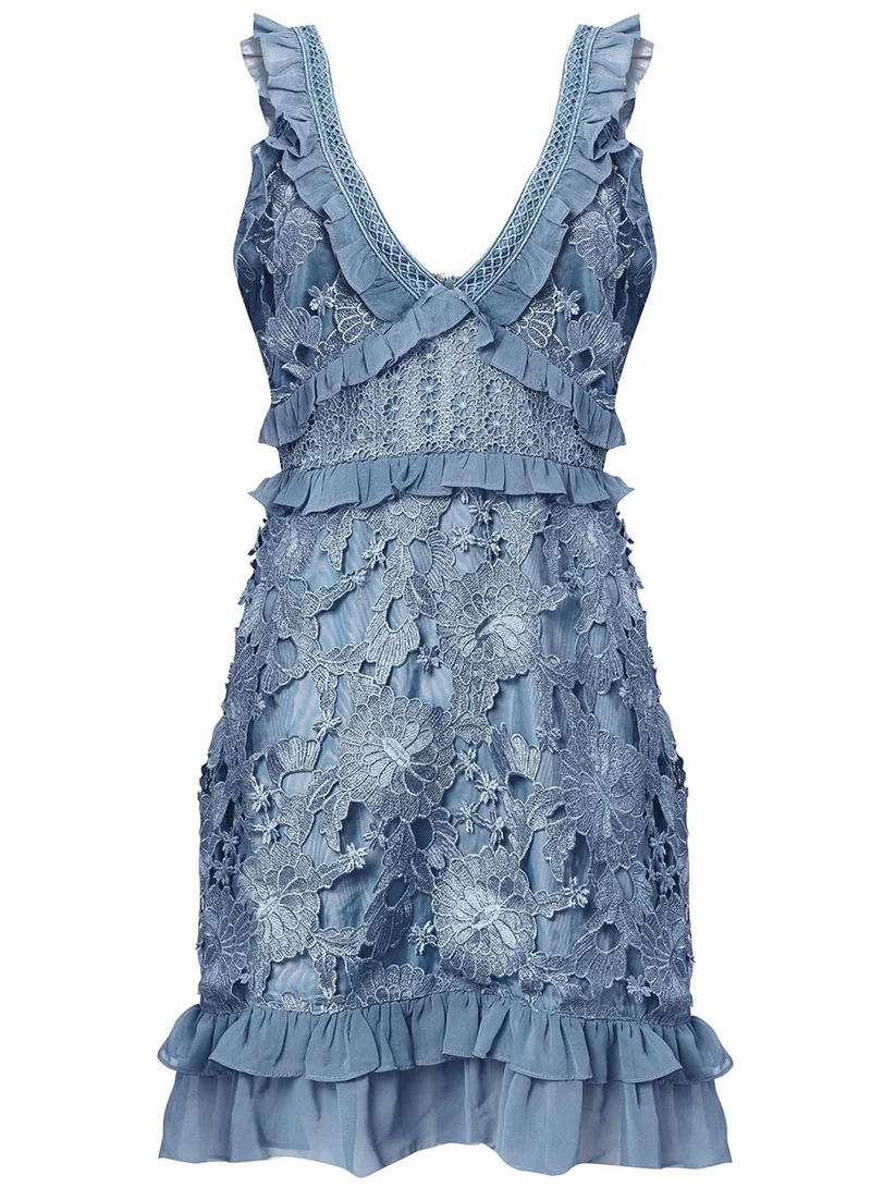 True Decadence April Dusty Blue Lace Ruffle Mini Dress