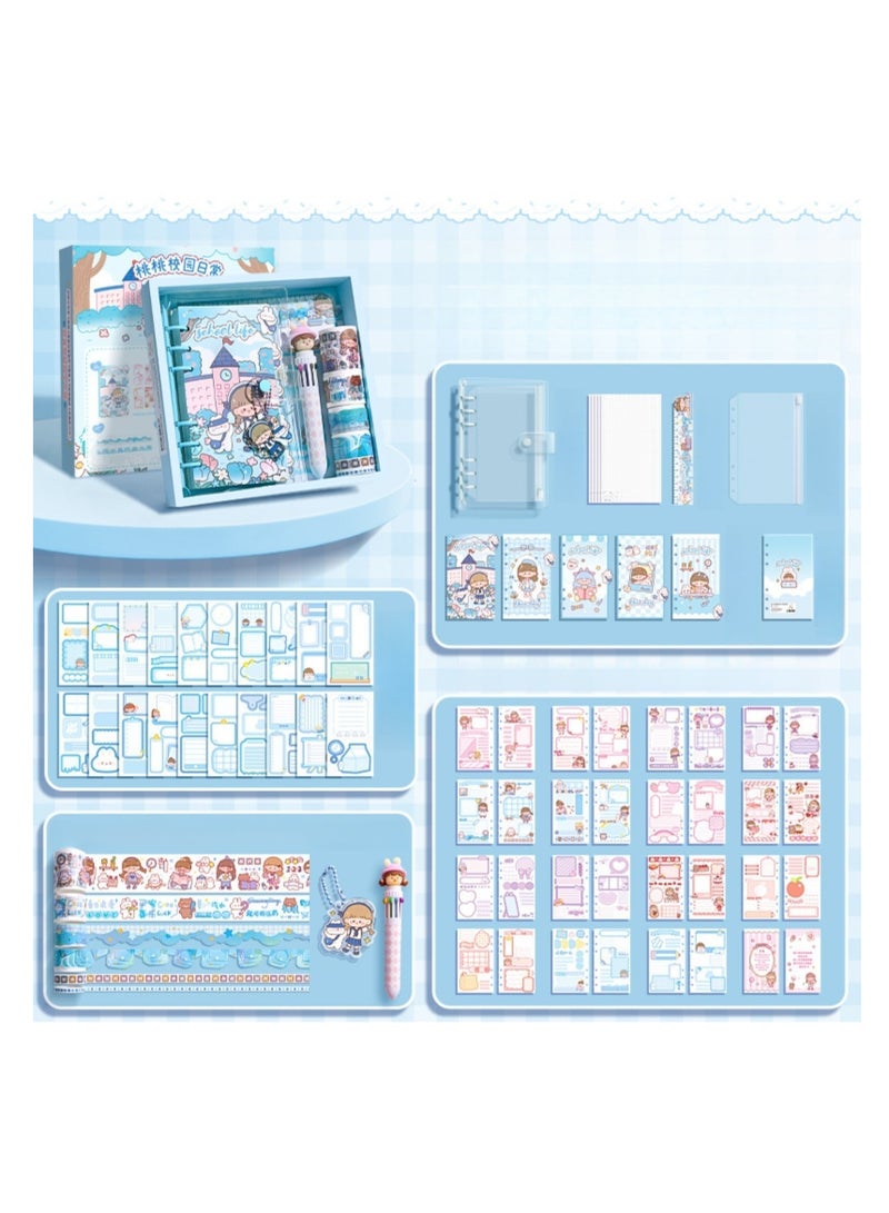 NOVOLAN Kids' Scrapbooking DIY Kits, 55-Piece Cute Journal Set with 15 Main Image Templates, 20 Border Stickers, 6 Rolls of Cartoon Washi Tape, 1 Colored Pens, Transparent Storage Bag (blue) - Image 1