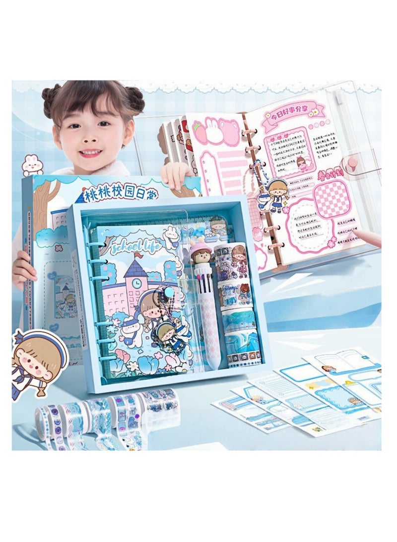 NOVOLAN Kids' Scrapbooking DIY Kits, 55-Piece Cute Journal Set with 15 Main Image Templates, 20 Border Stickers, 6 Rolls of Cartoon Washi Tape, 1 Colored Pens, Transparent Storage Bag (blue) - Image 2