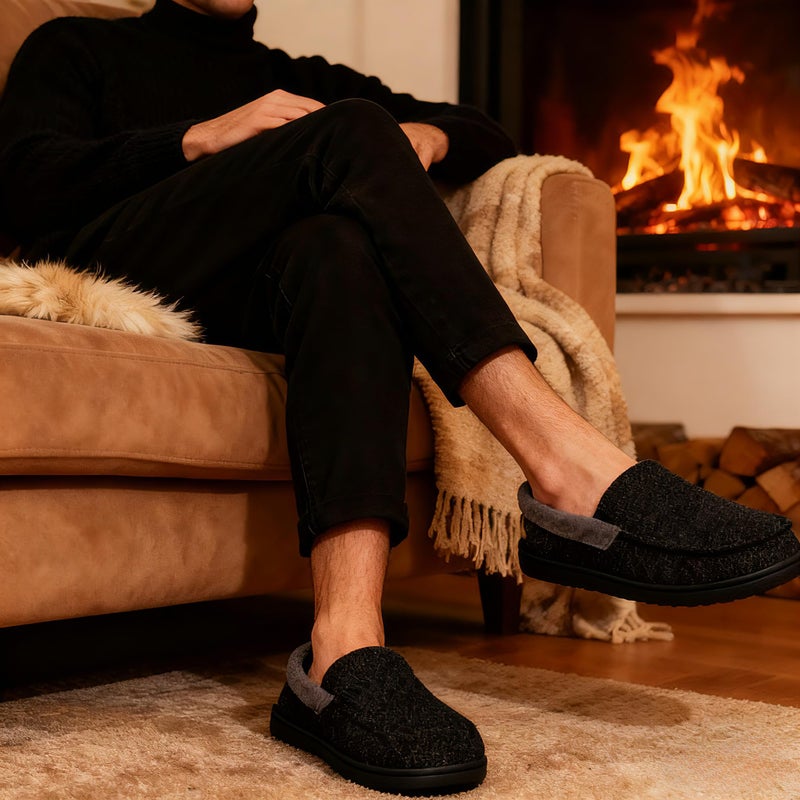 ULTRAIDEAS Men's Moc-Toe Slippers Loafer House Shoes Indoor Outdoor Memory Foam with Breathable&Warm Knit Upper, Black, 12 US - Image 2