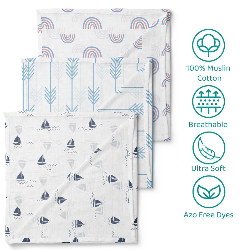 1ST STEP 100% Cotton Muslin Baby Swaddle Set, Pack of 3, Size-120cm x 100cm (47"x39"), (Blue) - Image 2