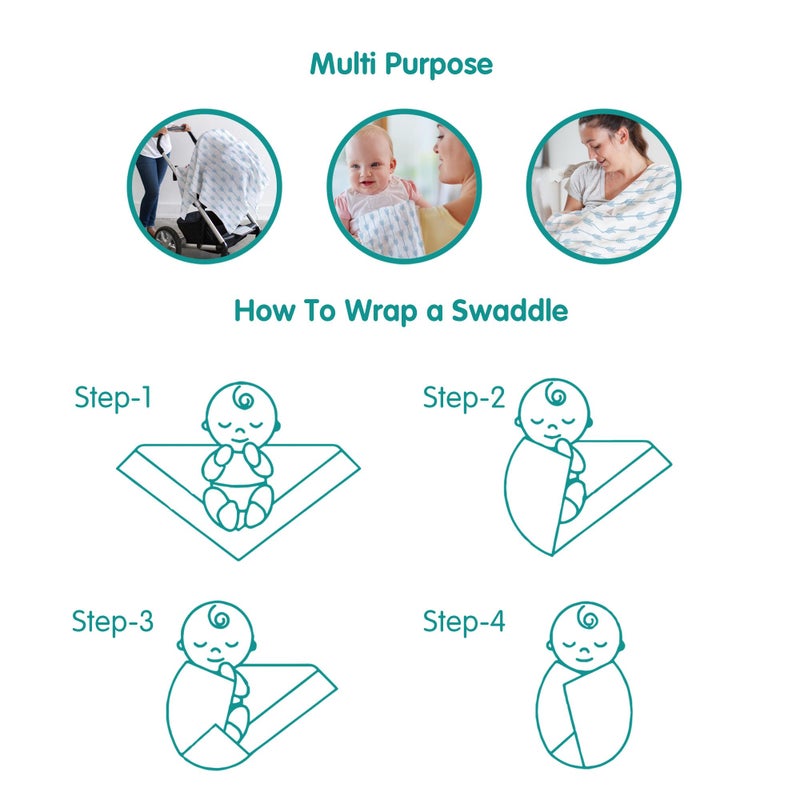1ST STEP 100% Cotton Muslin Baby Swaddle Set, Pack of 3, Size-120cm x 100cm (47"x39"), (Blue) - Image 4