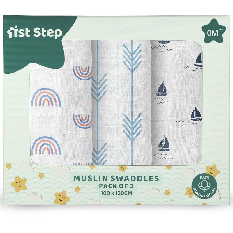 1ST STEP 100% Cotton Muslin Baby Swaddle Set, Pack of 3, Size-120cm x 100cm (47"x39"), (Blue) - Image 1