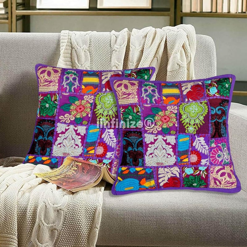 iinfinize Rajasthani Khambadiya Pillow Cushion Cover 16 Inch Square Pillow Handmade Cushion Case Patchwork Beautiful Design Pillow Sham Pillow Set of 2 - Image 1