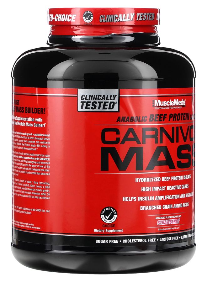 MUSCLEMEDS كارنيفور ماس بروتين لزيادة الوزن من لحم البقر بنكهة الفراولة 5.79 رطل (2698 جرام) - Image 2