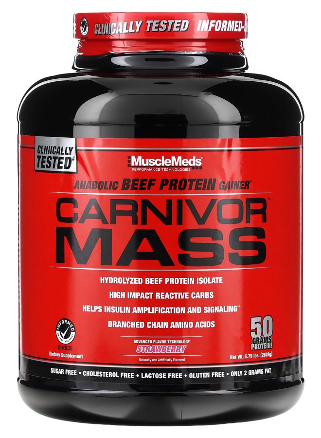 MUSCLEMEDS كارنيفور ماس بروتين لزيادة الوزن من لحم البقر بنكهة الفراولة 5.79 رطل (2698 جرام) - Image 1