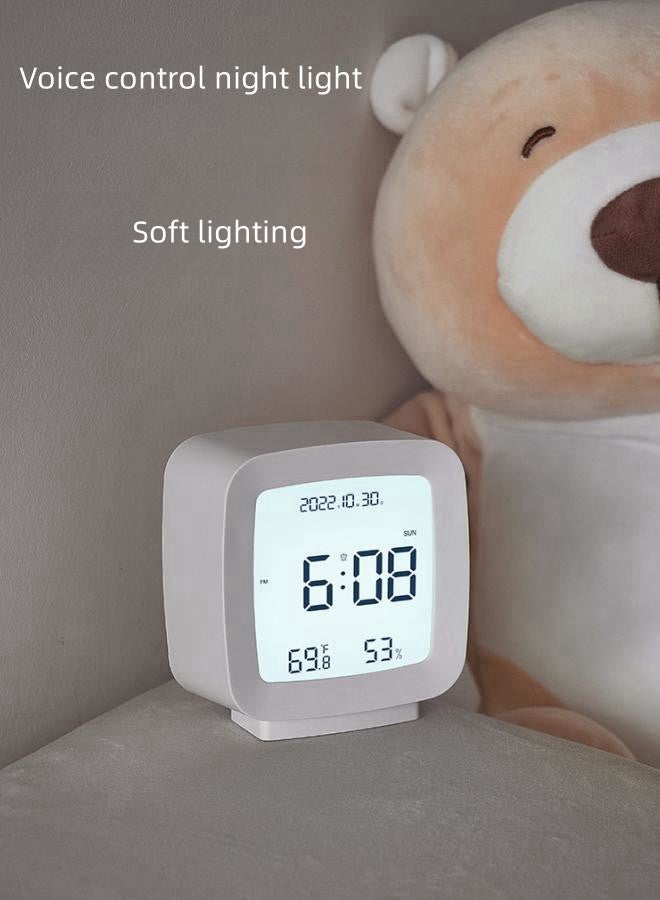 Voice Controlled Night Light Digital Alarm Clock, Led Digital Sleep Smart Electronic Clock with Date and Temperature Display on Screen with Alarm Clock with 12/24 Hours Switch, Simple Operation White