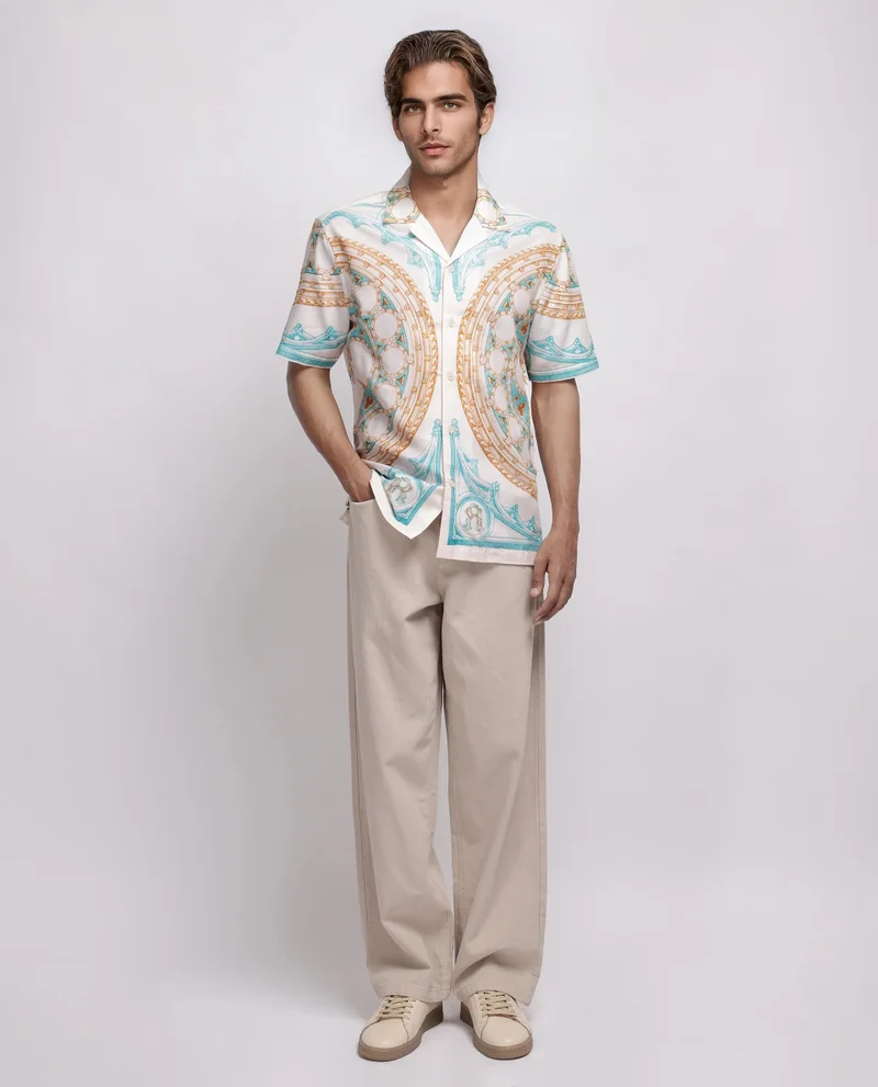 Rare Rabbit Rare Rabbit Men Yokor Beige Viscose Fabric Half Sleeve Cuban Collar Button Closure Boxy Fit Placement Print Shirt
