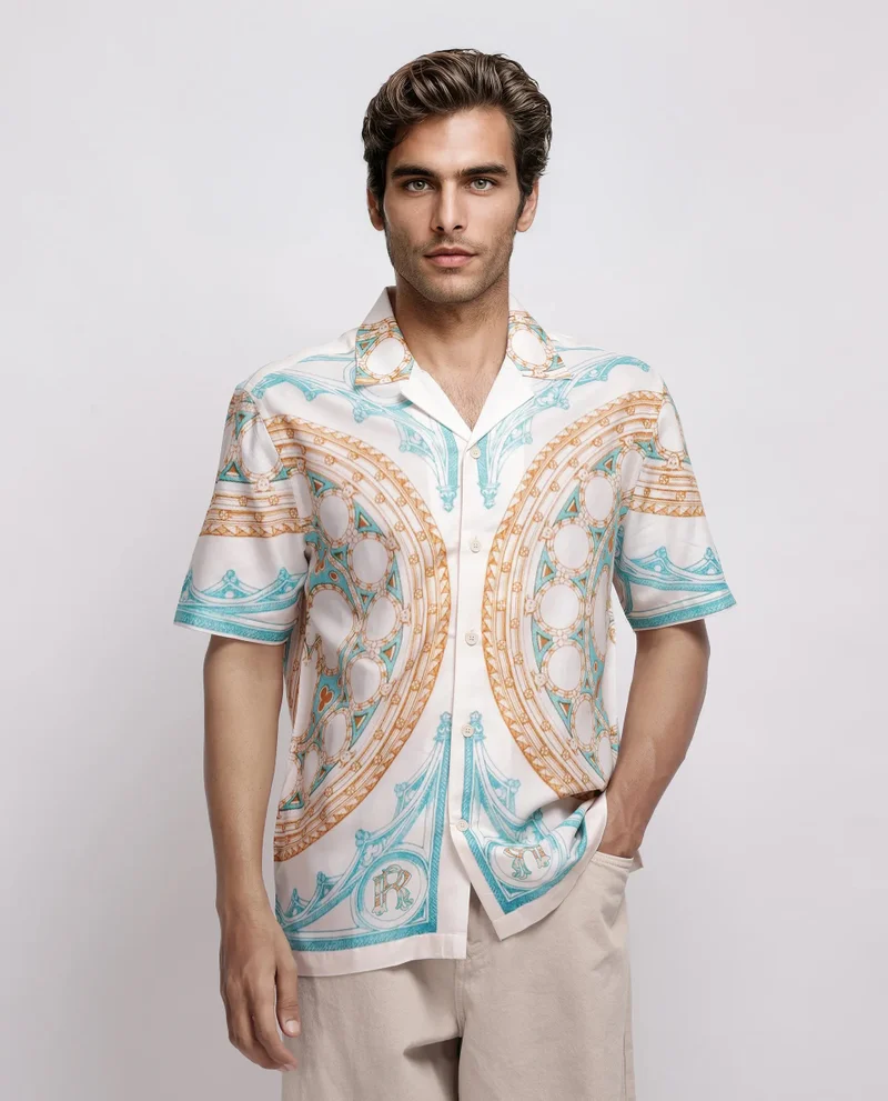 Rare Rabbit Rare Rabbit Men Yokor Beige Viscose Fabric Half Sleeve Cuban Collar Button Closure Boxy Fit Placement Print Shirt