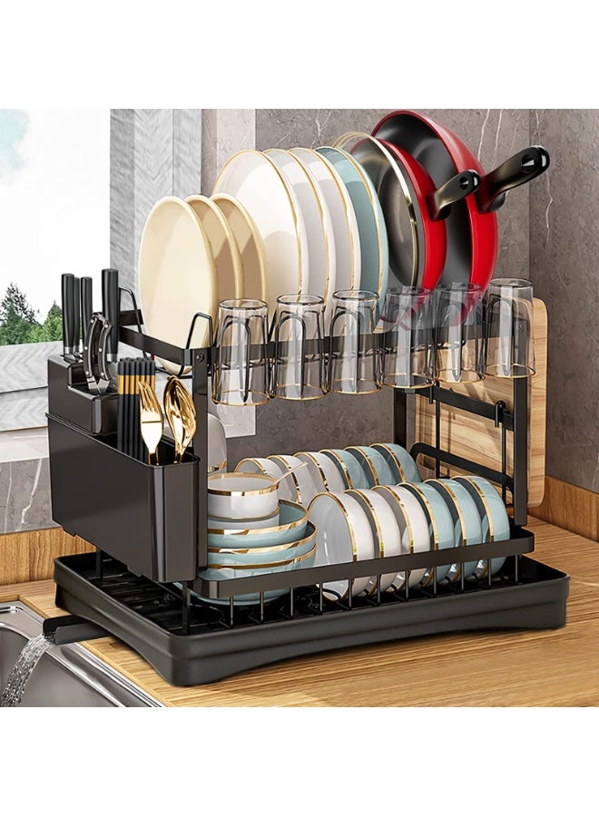 INFOSUN Dish Drying Rack, 2 Tier Dish Rack, Dish Strainers for Kitchen Counter, Dish Drainer, Dish Rack with Drainboard, Large Dish Drying Rack, Collapsible Dish Rack and Drainboard Set ( Black) - Image 1