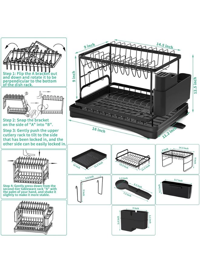 INFOSUN Dish Drying Rack, 2 Tier Dish Rack, Dish Strainers for Kitchen Counter, Dish Drainer, Dish Rack with Drainboard, Large Dish Drying Rack, Collapsible Dish Rack and Drainboard Set ( Black) - Image 5
