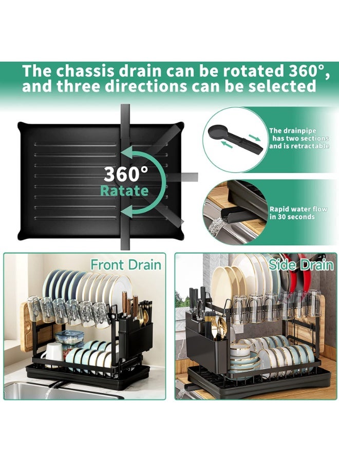 INFOSUN Dish Drying Rack, 2 Tier Dish Rack, Dish Strainers for Kitchen Counter, Dish Drainer, Dish Rack with Drainboard, Large Dish Drying Rack, Collapsible Dish Rack and Drainboard Set ( Black) - Image 3