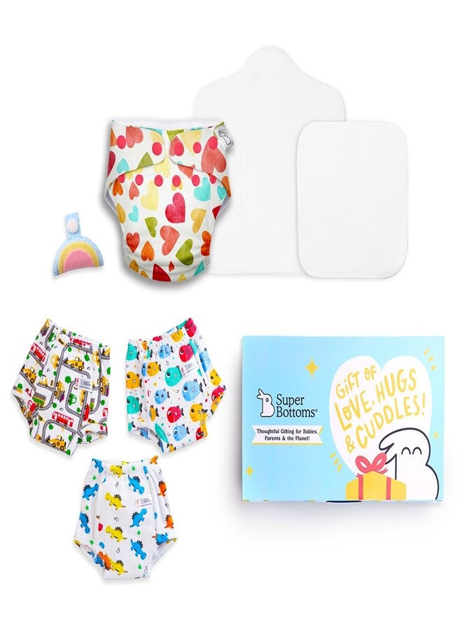 SuperBottoms Toddler Diapering & Potty Training Gift Pack- 1 Reusable Freesize UNO Cloth Diaper with 1 organic Cotton Insert Pad + 1 Booter pad + 3 Padded Underwear + 1 Charmling (3m- 3 yrs) (7 items) - Image 1