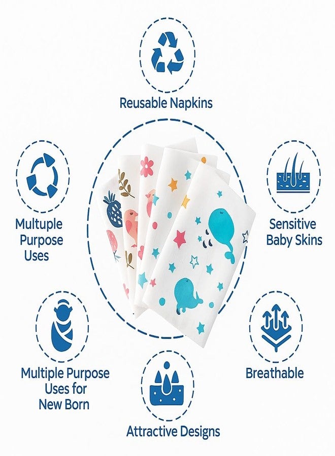 TUMMY Soft Muslin Baby Washcloths – 100% Cotton Face Towels for Newborns, Infants & Toddlers | Gentle, Absorbent & Reusable (Set of 5, Multi-Design) - Image 3