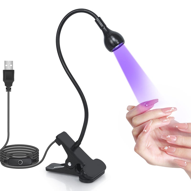مصباح أظافر UV ضوء UV لأظافر الجل مصباح LED بمرونة رقبة الإوزة لتجفيف الأظافر باللون الأسود مع مشبك 365395nm الطول الموجي 5V 3W 4 مستويات للتعتيم