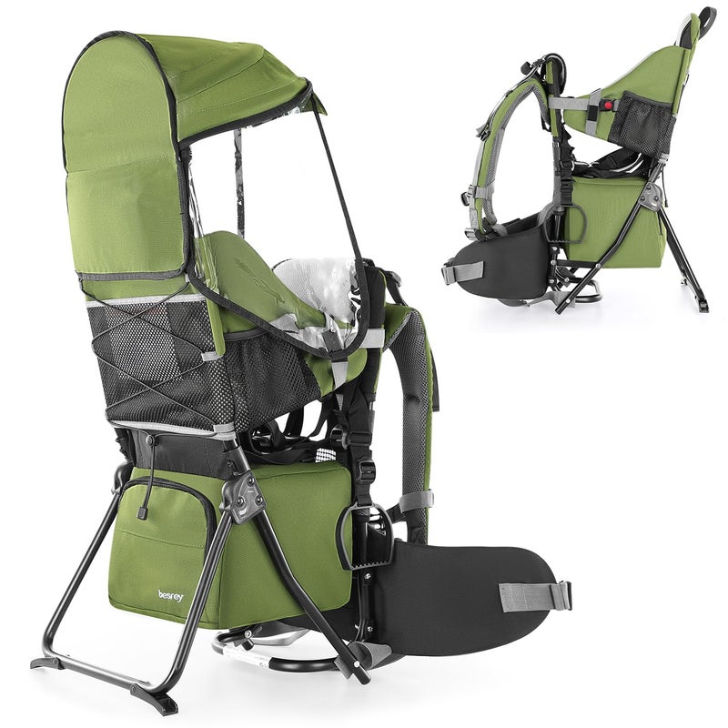 besrey Baby Backpack Carrier, Toddler Hiking Backpack with Safety 3-Height Seat, Adjustable Straps&Waist Belt, Foldable Frame Lightweight Large Capacity Child Carrier for Hiking Army Green - Image 1
