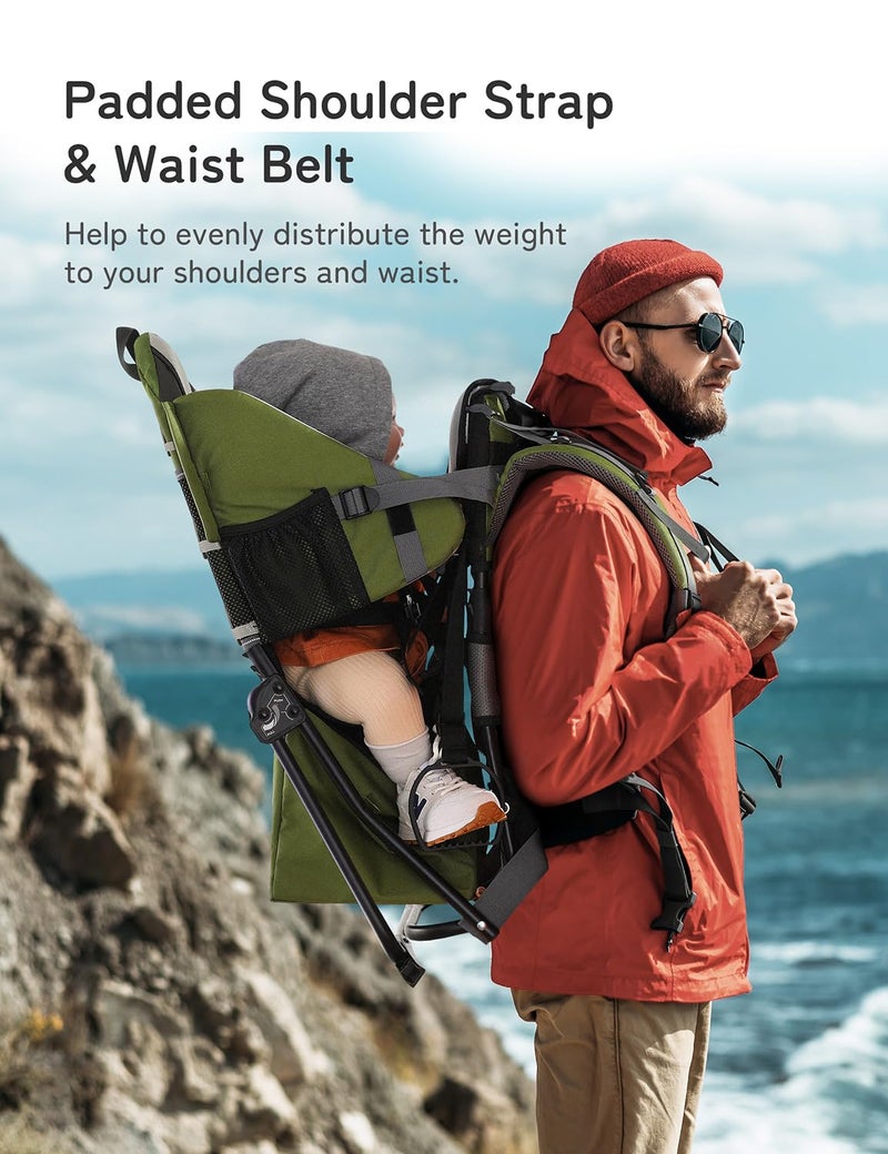 besrey Baby Backpack Carrier, Toddler Hiking Backpack with Safety 3-Height Seat, Adjustable Straps&Waist Belt, Foldable Frame Lightweight Large Capacity Child Carrier for Hiking Army Green - Image 2