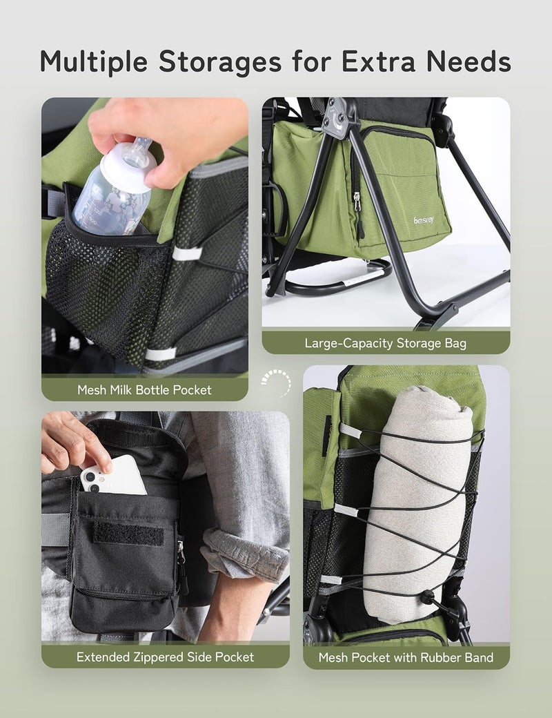 besrey Baby Backpack Carrier, Toddler Hiking Backpack with Safety 3-Height Seat, Adjustable Straps&Waist Belt, Foldable Frame Lightweight Large Capacity Child Carrier for Hiking Army Green - Image 4