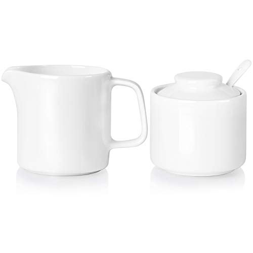 ONTUBE Porcelain Sugar and Creamer Set of 3,Ceramics Cream Pitcher, Sugar Bowl with Lid and Spoon (Bright White) - Image 1