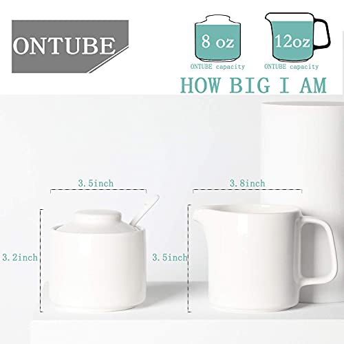 ONTUBE Porcelain Sugar and Creamer Set of 3,Ceramics Cream Pitcher, Sugar Bowl with Lid and Spoon (Bright White) - Image 3