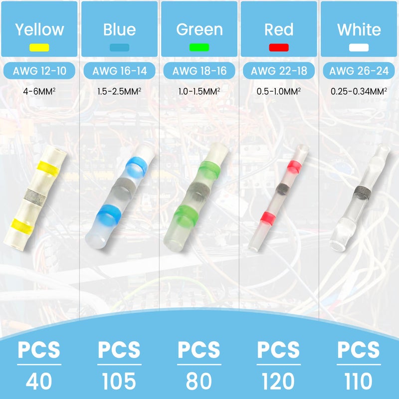 AKOSN 455 PCS Heat Shrink Self Soldering Butt Connector, Solder Seal Wire Connectors Kit, Waterproof Wire Solder Stick Splice Connector for Marine Electrical Automotive (5 Colors/5 Sizes/ 26-10 Gauge) - Image 2
