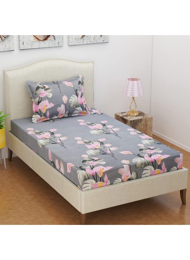 BSB HOME BSB HOME Premium Cotton Feel Single Bedsheet with One Pillow Cover for Coat/Diwan/ 4x6 Bed 180 Tc (152 x 228 cm, Grey & Pink Flower)  - Image 4