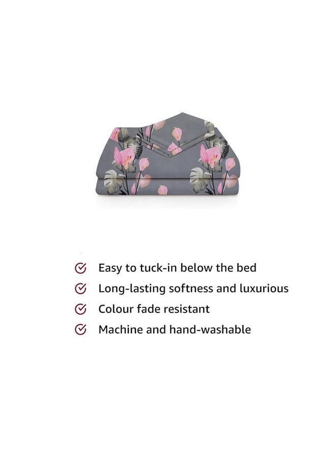 BSB HOME BSB HOME Premium Cotton Feel Single Bedsheet with One Pillow Cover for Coat/Diwan/ 4x6 Bed 180 Tc (152 x 228 cm, Grey & Pink Flower)  - Image 3