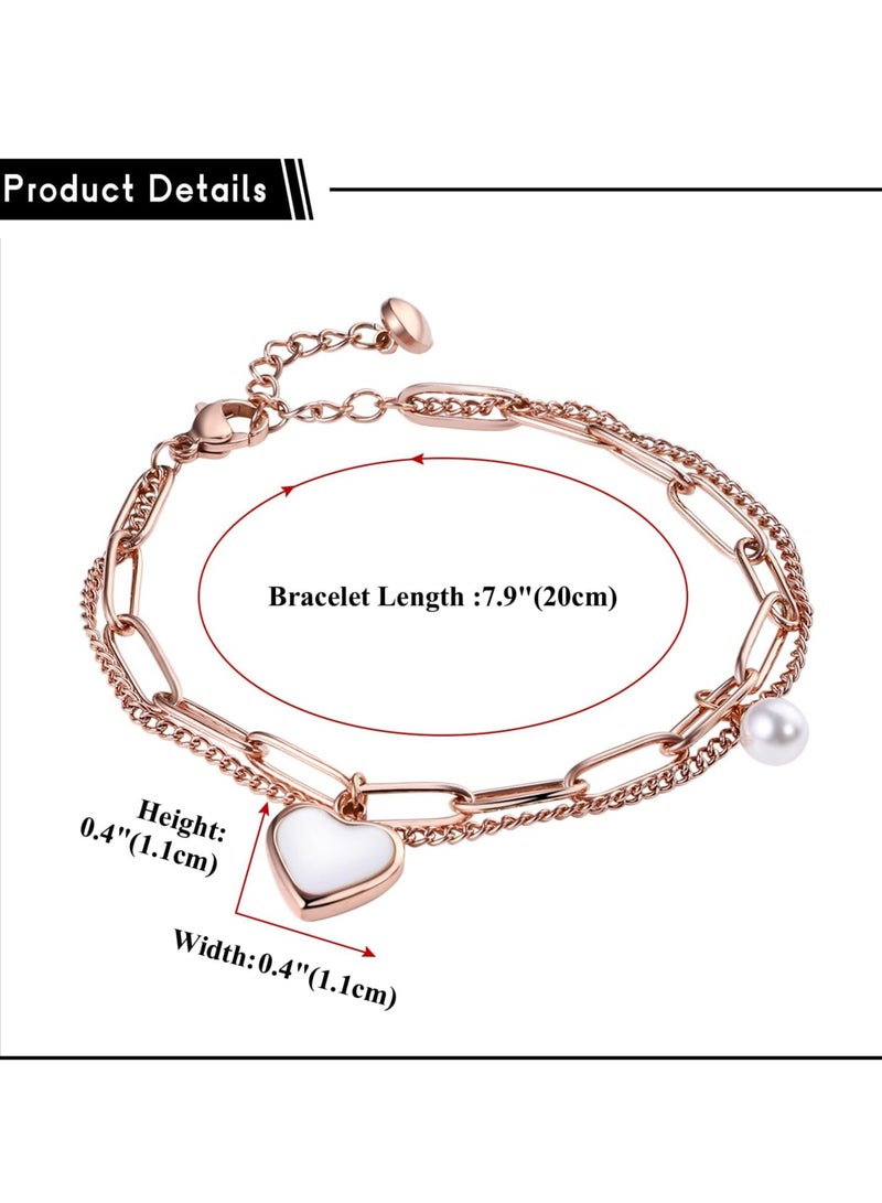 Oasisgalore Elegant Double-Layer Heart Pearl Bracelets, Adjustable Stainless Steel, Women's Jewelry Gift  - Image 3