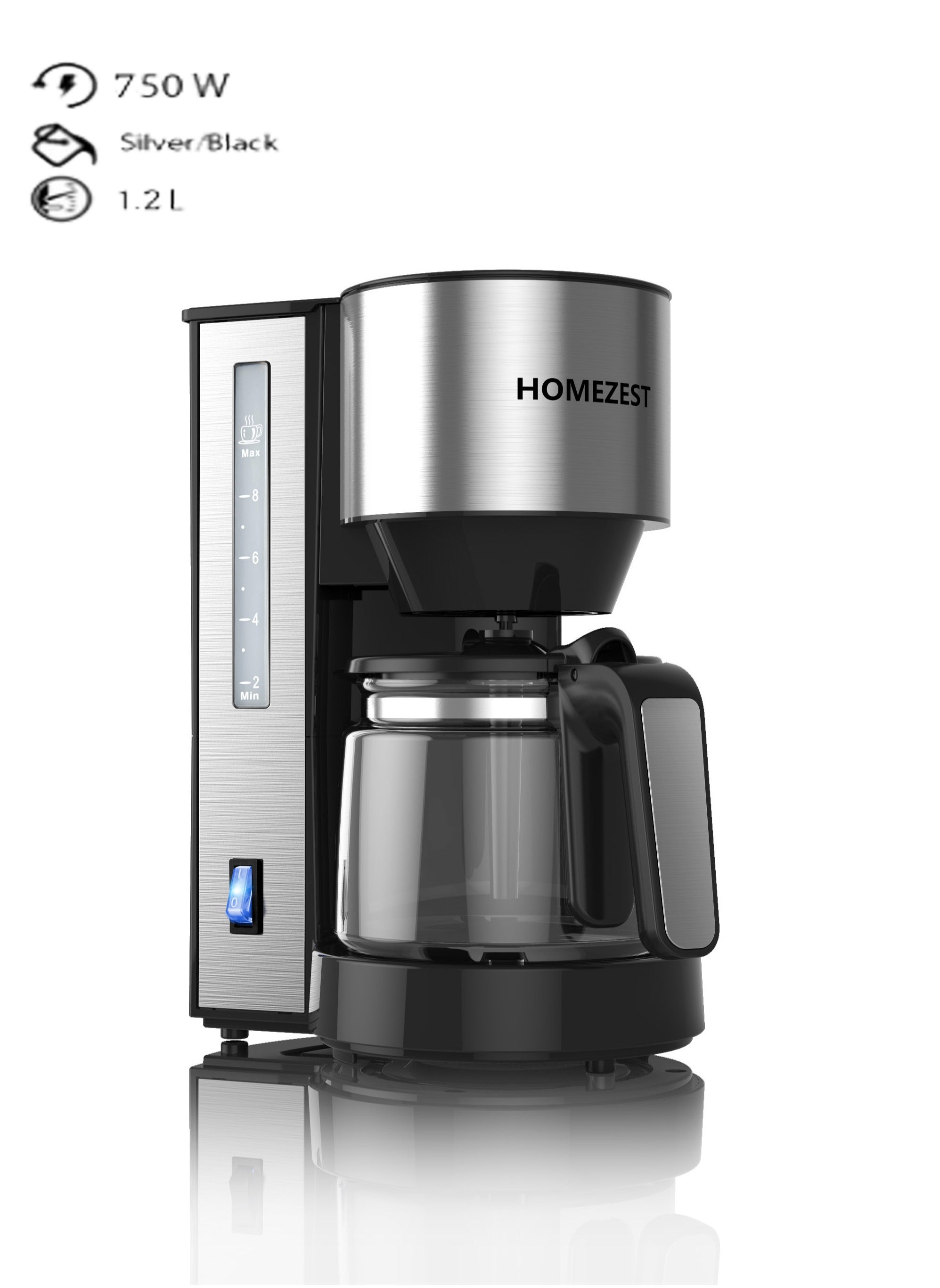 HOMEZEST Coffee Maker,Coffee Machine Up To 6 Cup Coffee Maker for Drip Coffee and Americano 750W 40 Min Auto Shut Off, Reusable Filter, Anti Drip Feature, Warming Plate and Easy to Clean Black/Silver 