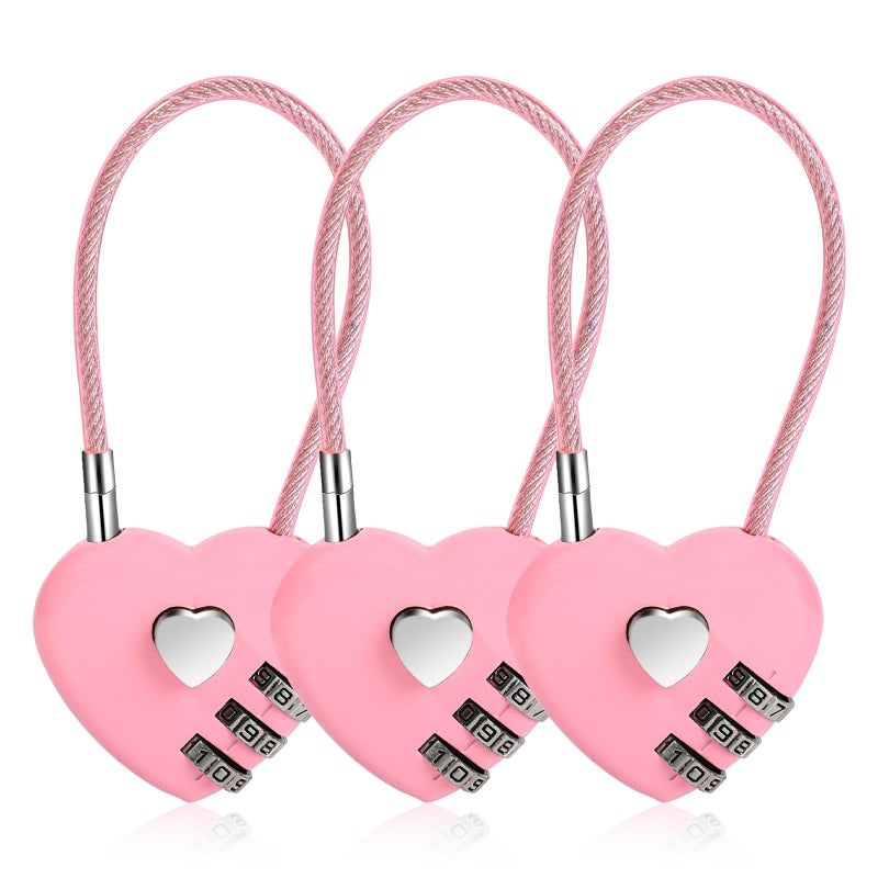 3 combination locks, 3-digit pink combination mini love heart lock with 4.1-inch steel wire rope, airtight waterproof lock for bags - Image 1