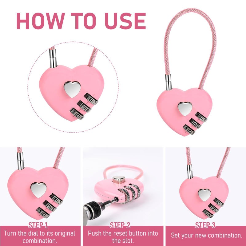 3 combination locks, 3-digit pink combination mini love heart lock with 4.1-inch steel wire rope, airtight waterproof lock for bags - Image 3