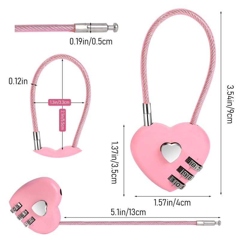 3 combination locks, 3-digit pink combination mini love heart lock with 4.1-inch steel wire rope, airtight waterproof lock for bags - Image 2