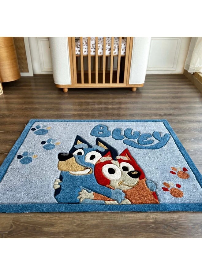 Carpetivity Blue Bluey & Bingo Kids Carpet – a soft tufted rug ideal for children’s rooms. Perfect for bedrooms and playrooms, this area carpet features a fun design and cozy feel. Dry clean only.  - Image 1