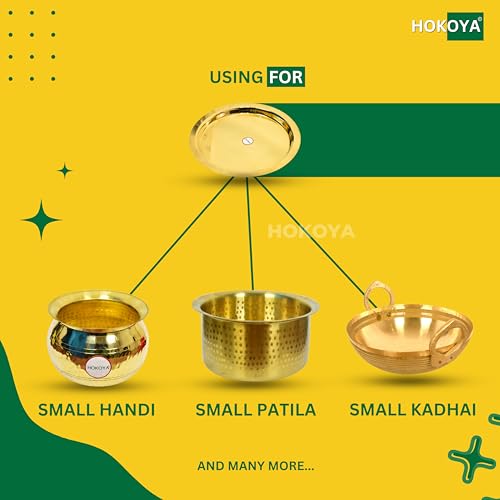 HOKOYA® Small Brass Lid | 7.7 Inch (19.5 cm) Cover for Small Handi, Patila & Kadhai | Mirror-Finish Traditional Indian Utensil | Lightweight 80 g | Brass Kitchen Accessory - Image 4