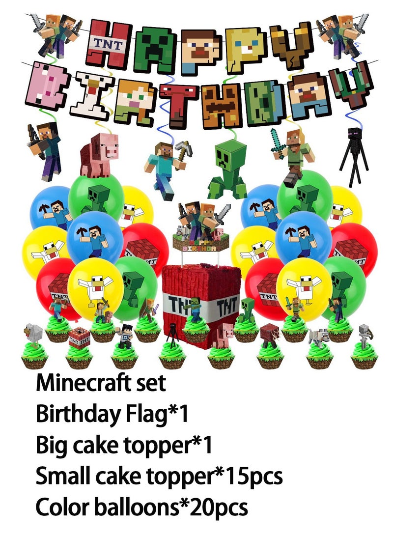 Party Minecraft Theme Party Birthday Supplies Pixel Wars Flag Pull Banner Balloon Cake Flag Decoration Package - Image 1