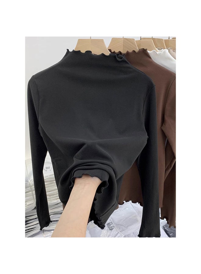 Girls' Thermal Half-high Collar Rolled Edge Base Shirt For Autumn And Winter, Suitable For Older Children, Warm And Sweet Long-sleeve T-shirt
